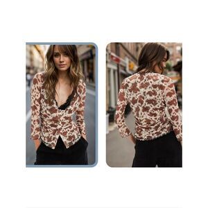♡♡♡ Oh Chic Brown Cow Patterned Women's Top Sz Large
